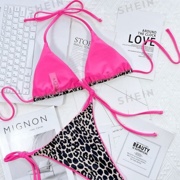 HOT PINK TRIANGLE LEOPARD PRINT BIKINI SWIMSUIT BY SHEIN SIZE XL (US 12-14) - Picture 3 of 5